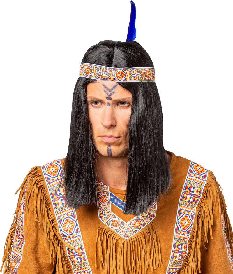 Indian man short wig with red-blue-yellow ribbon