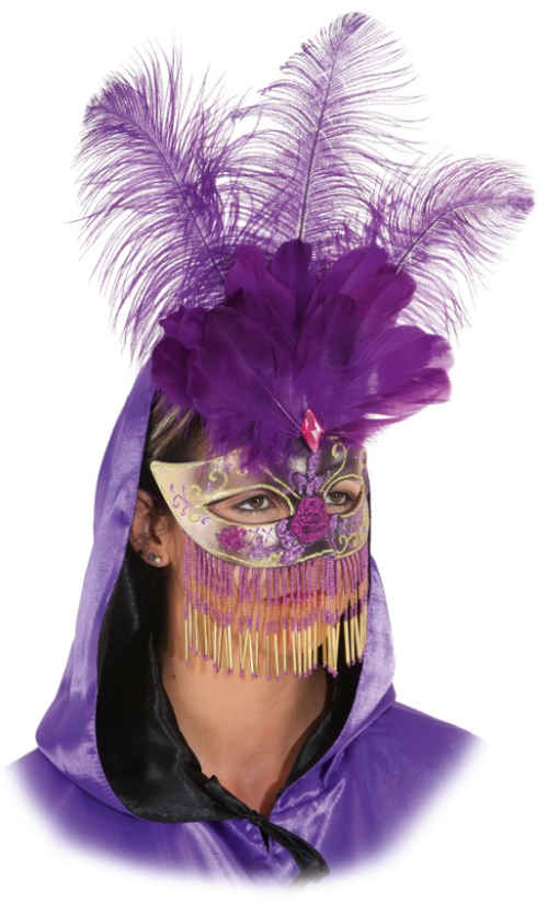 Demi-masque violet-doré à plumes et tentures de perles - Sale