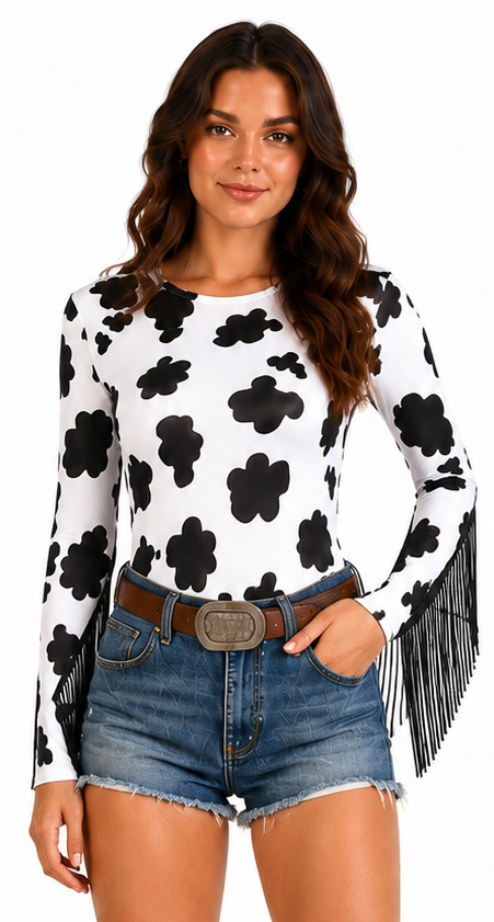 Cow-print bodysuit with fringing