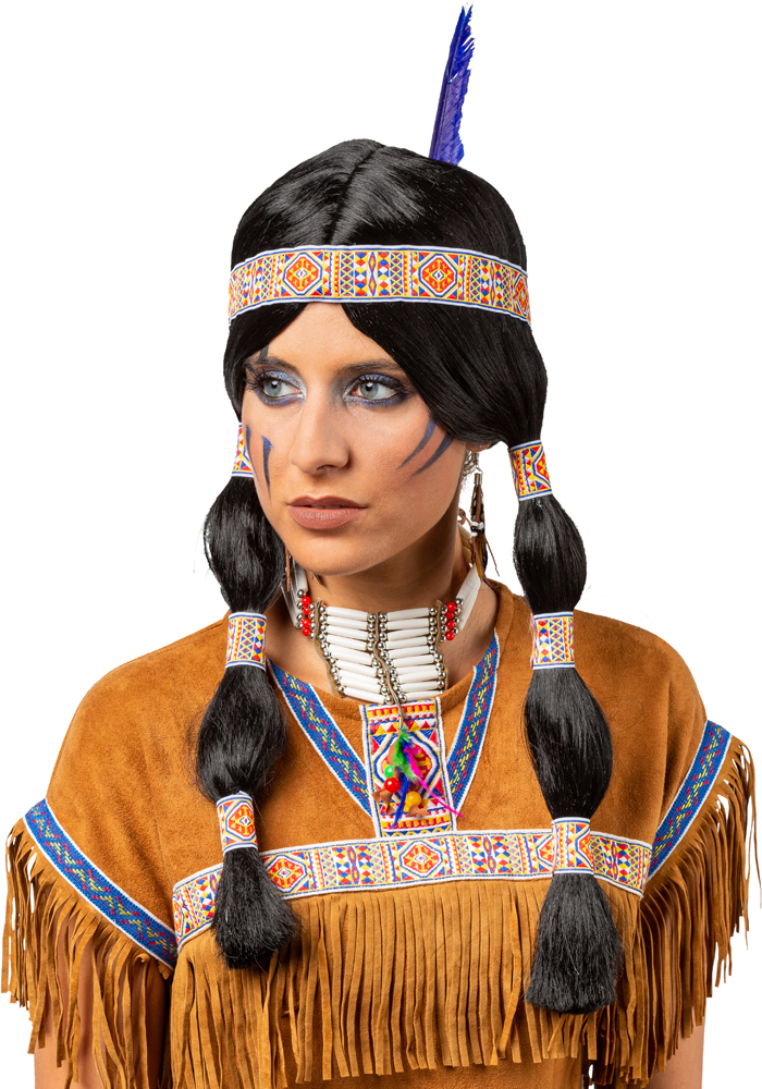 Perruque femme indienne, bandeau rouge-bleue-jaune