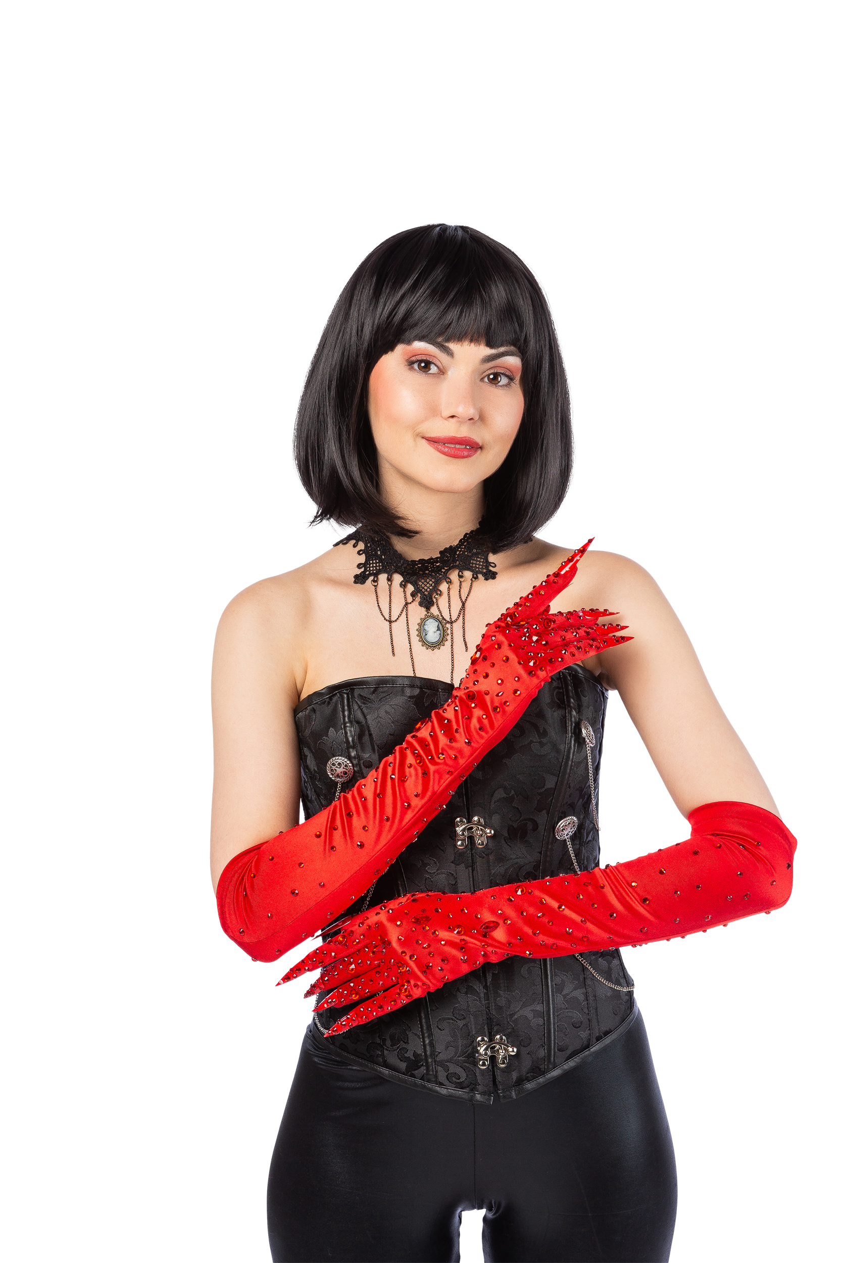 Gants avec ongles et pierres scintillantes, rouge 