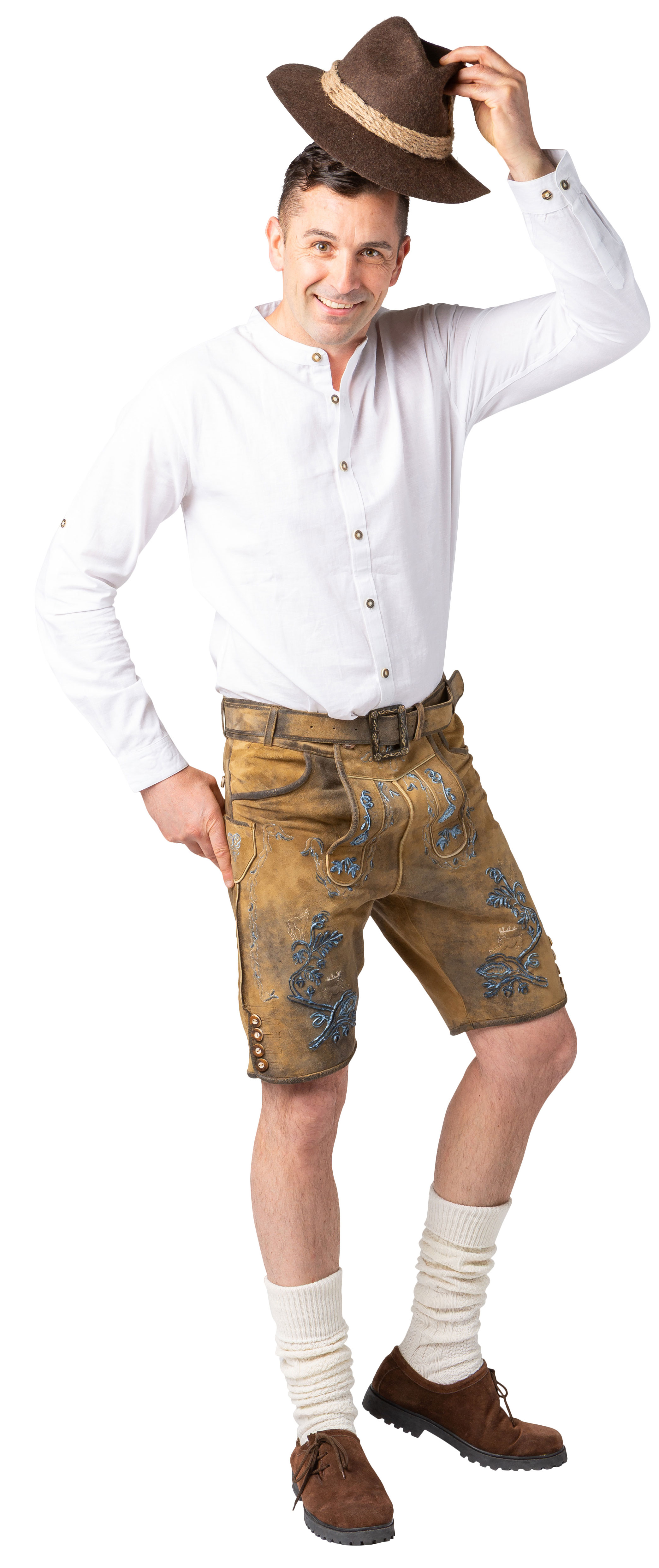 Lederhose kurz, beige antik, Chenille-Stickerei 