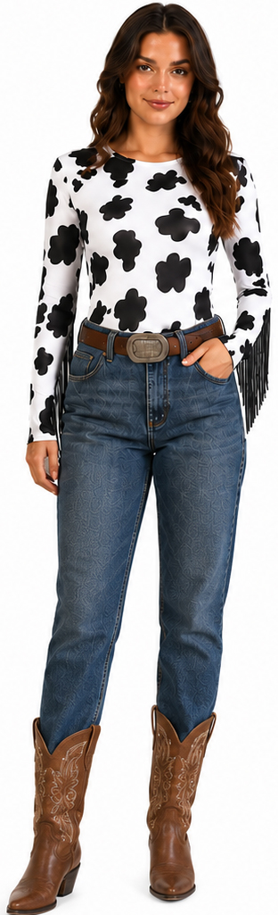 Cow-print bodysuit with fringing