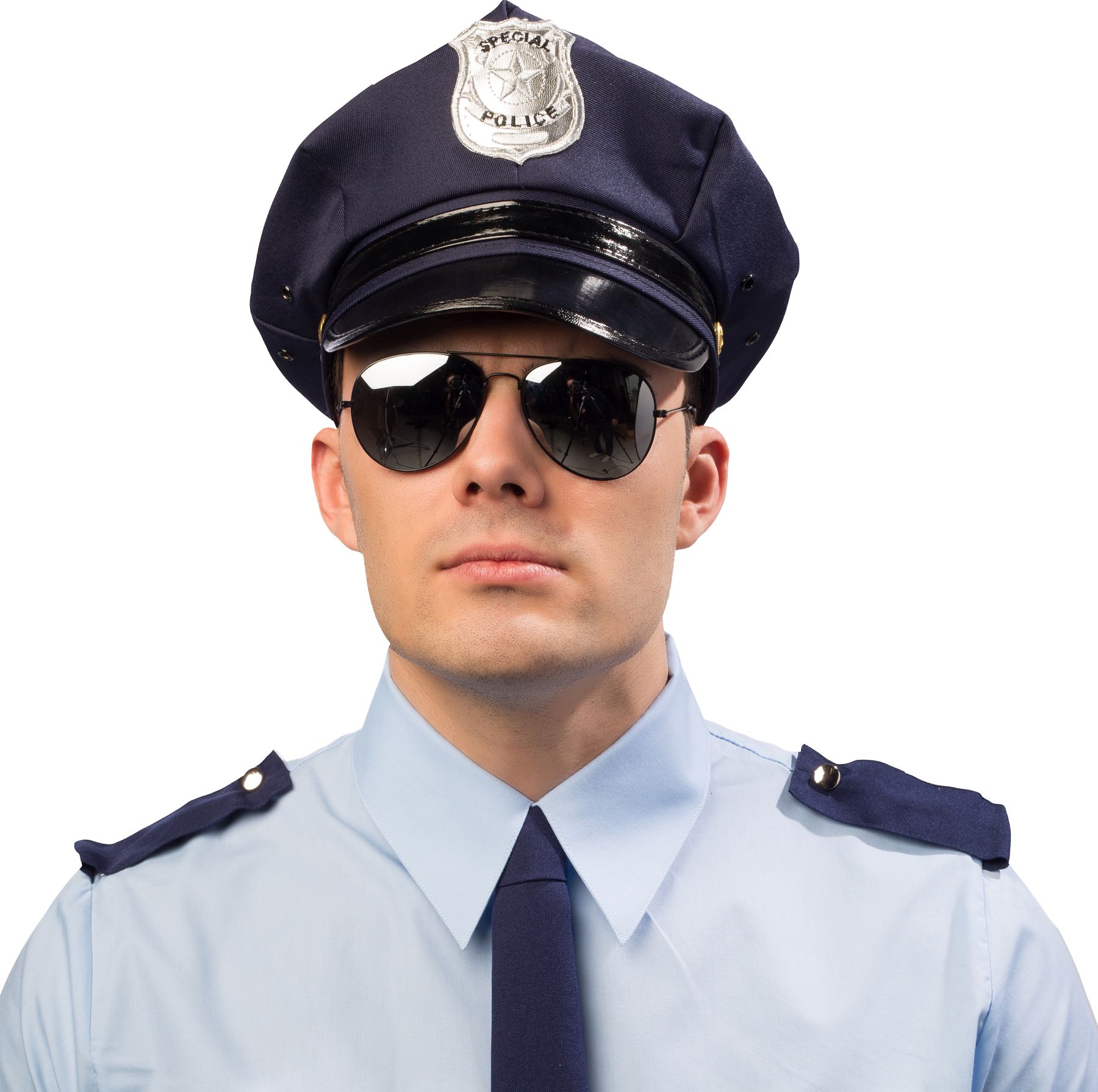 Black-rimmed mirrored police glasses