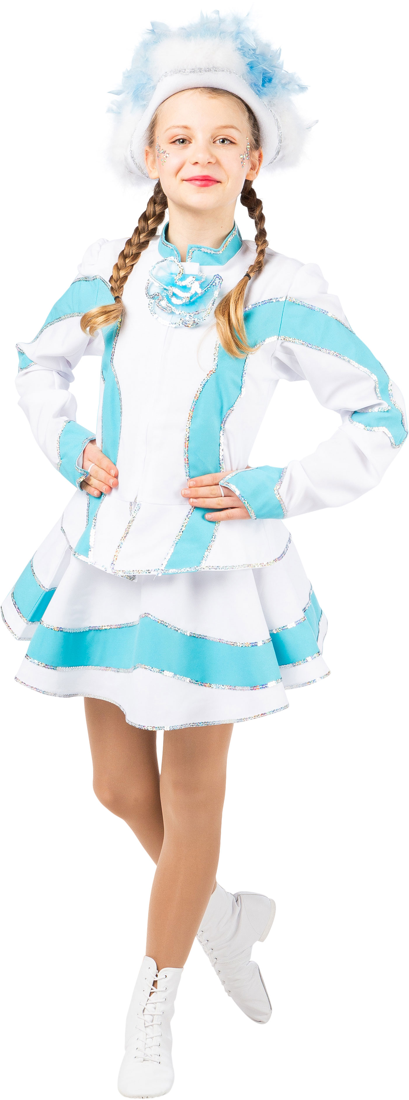 Funkenkostüm, türkis-weiß mit Hologramm-Silberborte