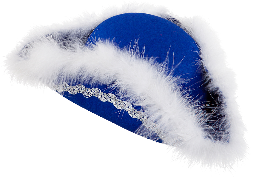 Chapeau tricorn, bleu à bordure et marabou