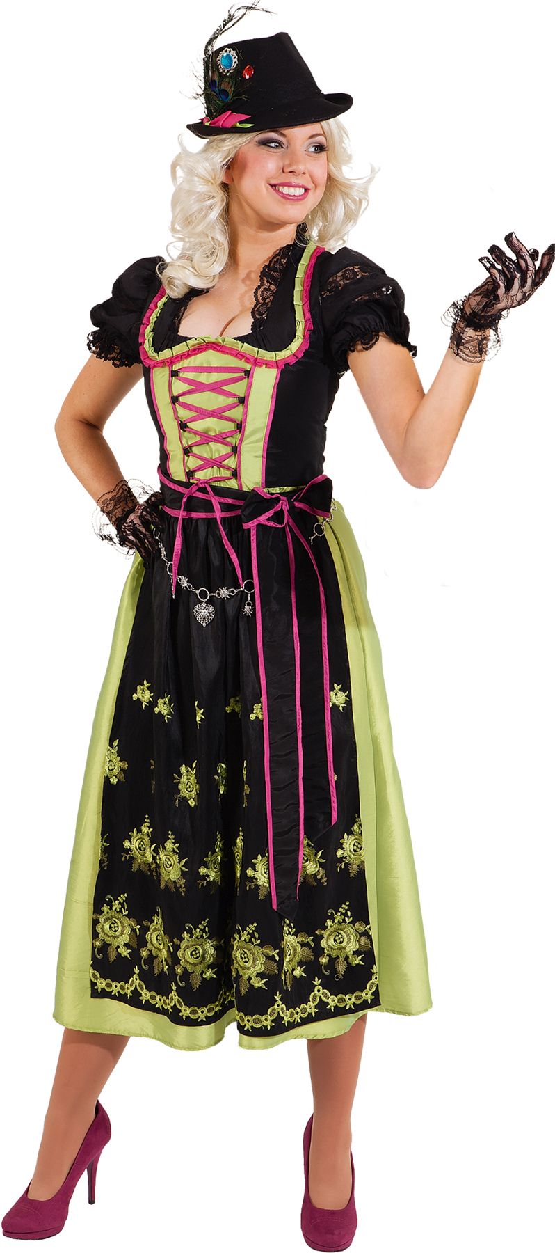 Bavarian long dress ''Dirndl'', black-green-pink