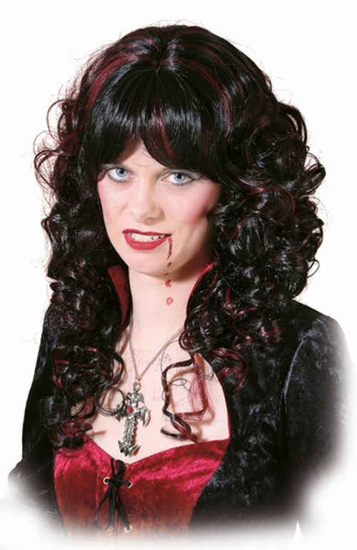 Ladie's long curly wig, black-burgundi