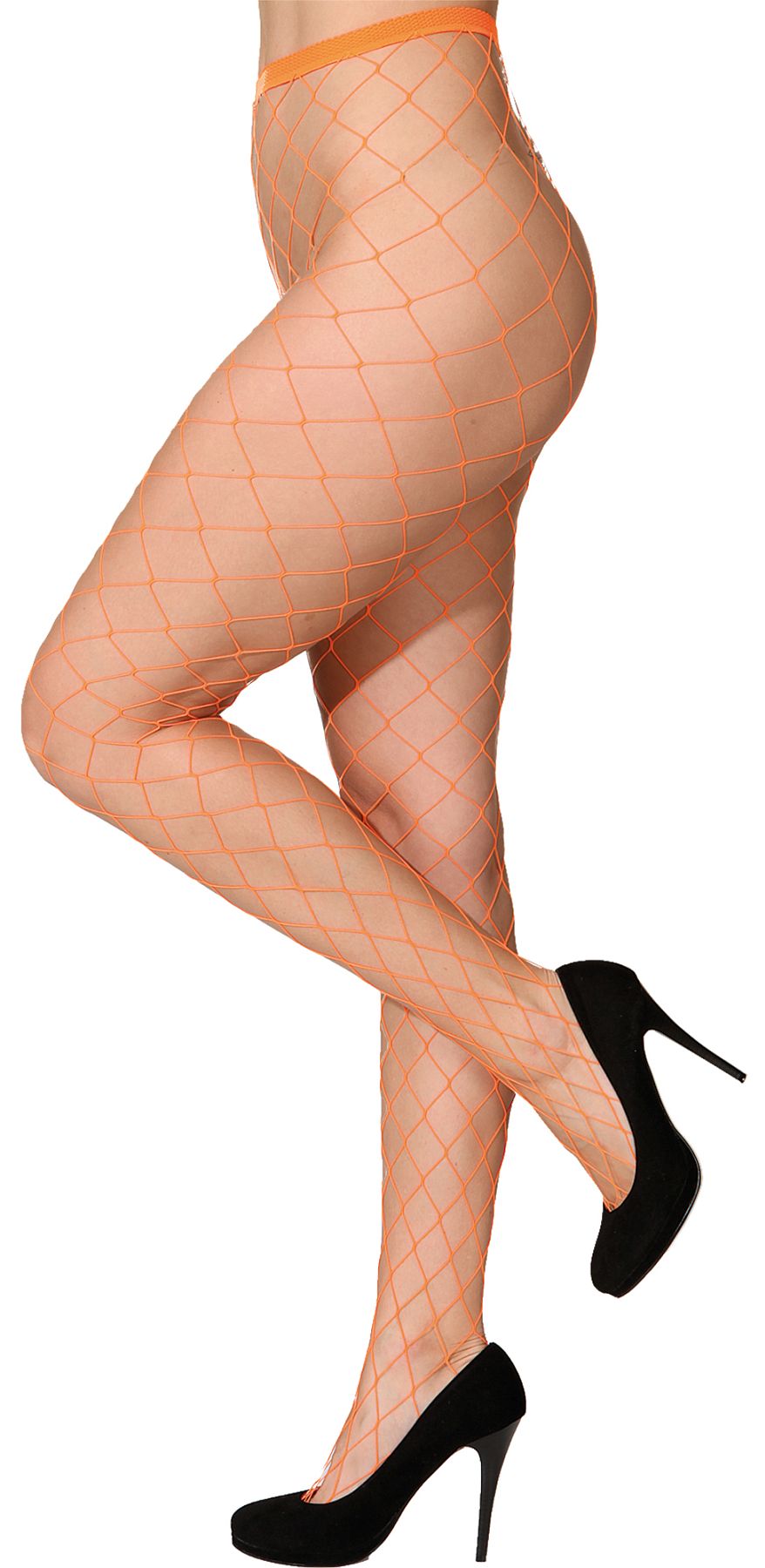 Collants résille, large maille orange-fluo