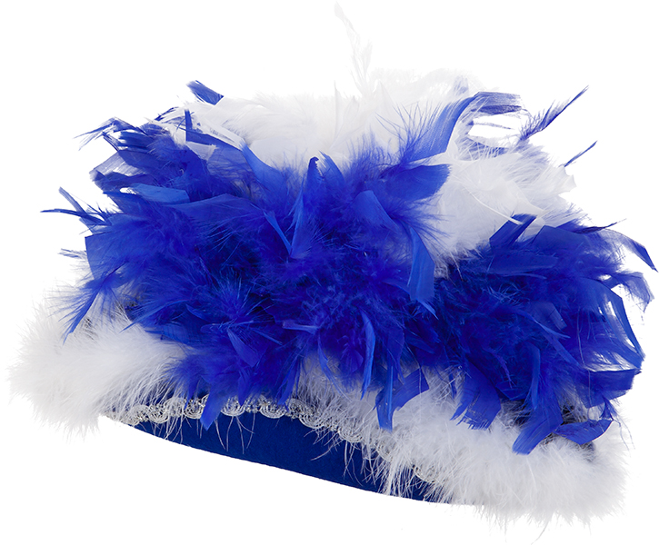Chapeau tricorn, bleu avec Boa bleu-blanc et bordure