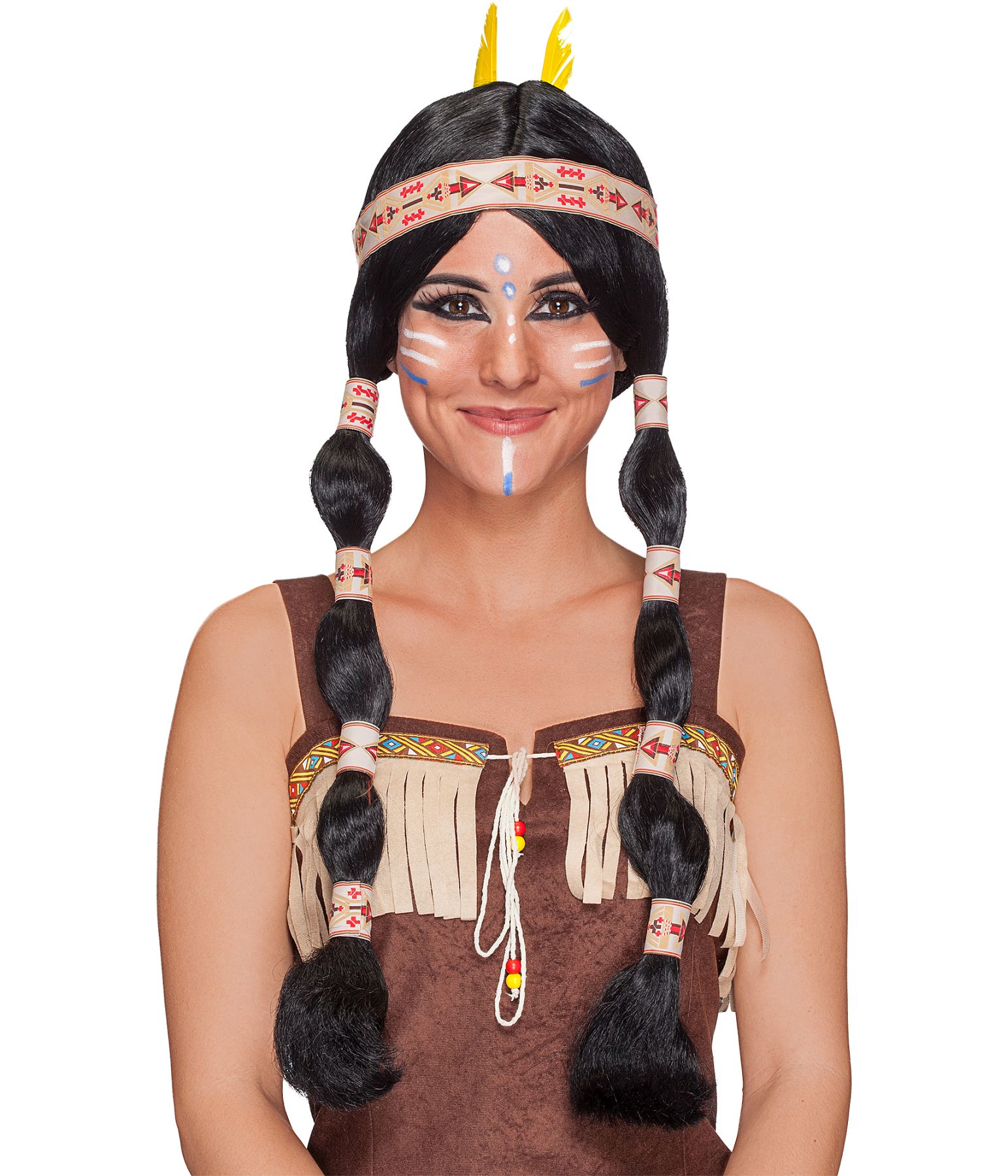 Perruque longue de femme indienne à ruban beige