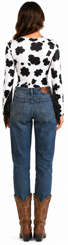 Cow-print bodysuit with fringing