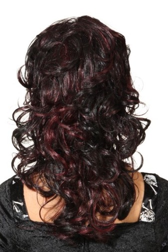 Ladies wig curly with pony, black-burgundy