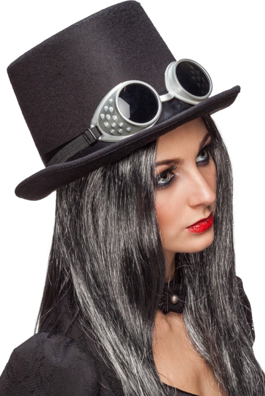 Chapeau cylindre steampunk noir à lunettes