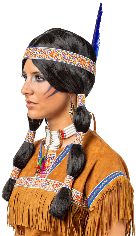 Perruque femme indienne, bandeau rouge-bleue-jaune