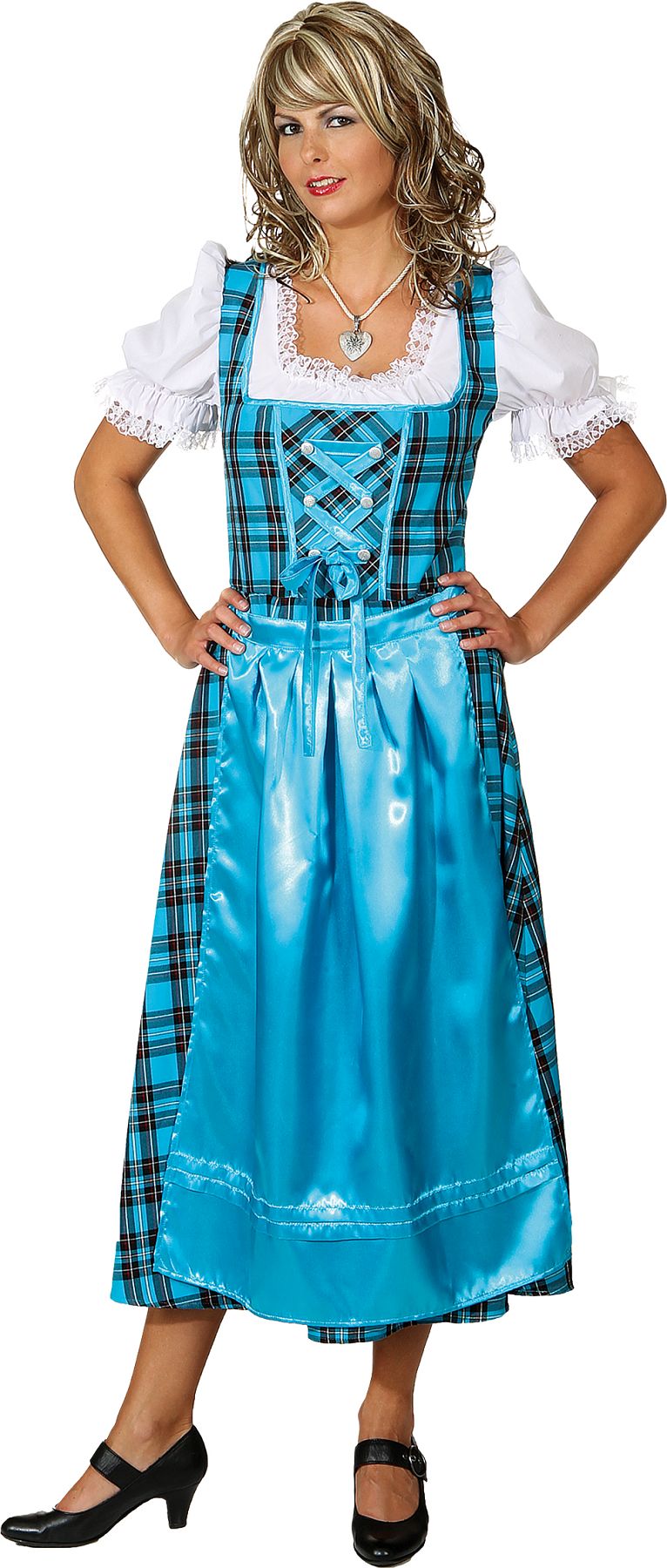 Costume bavaroise ''Dirndl'' longue, turquoise à carreaux