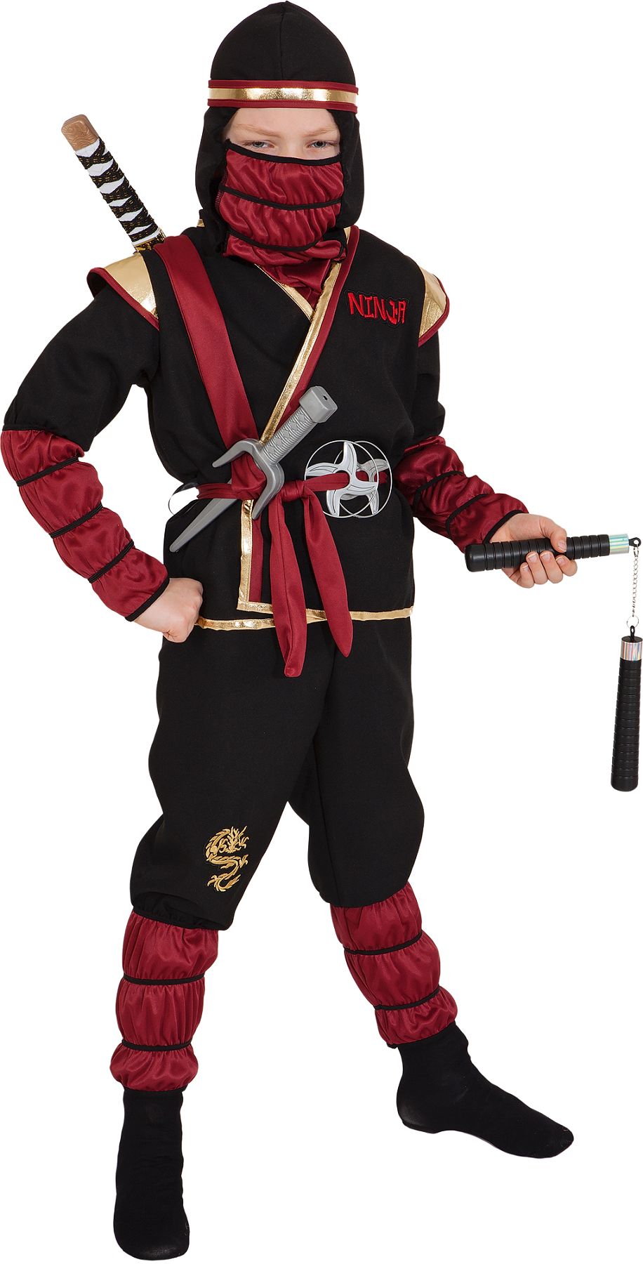 Ninja Kostüm, rot-gold-schwarz