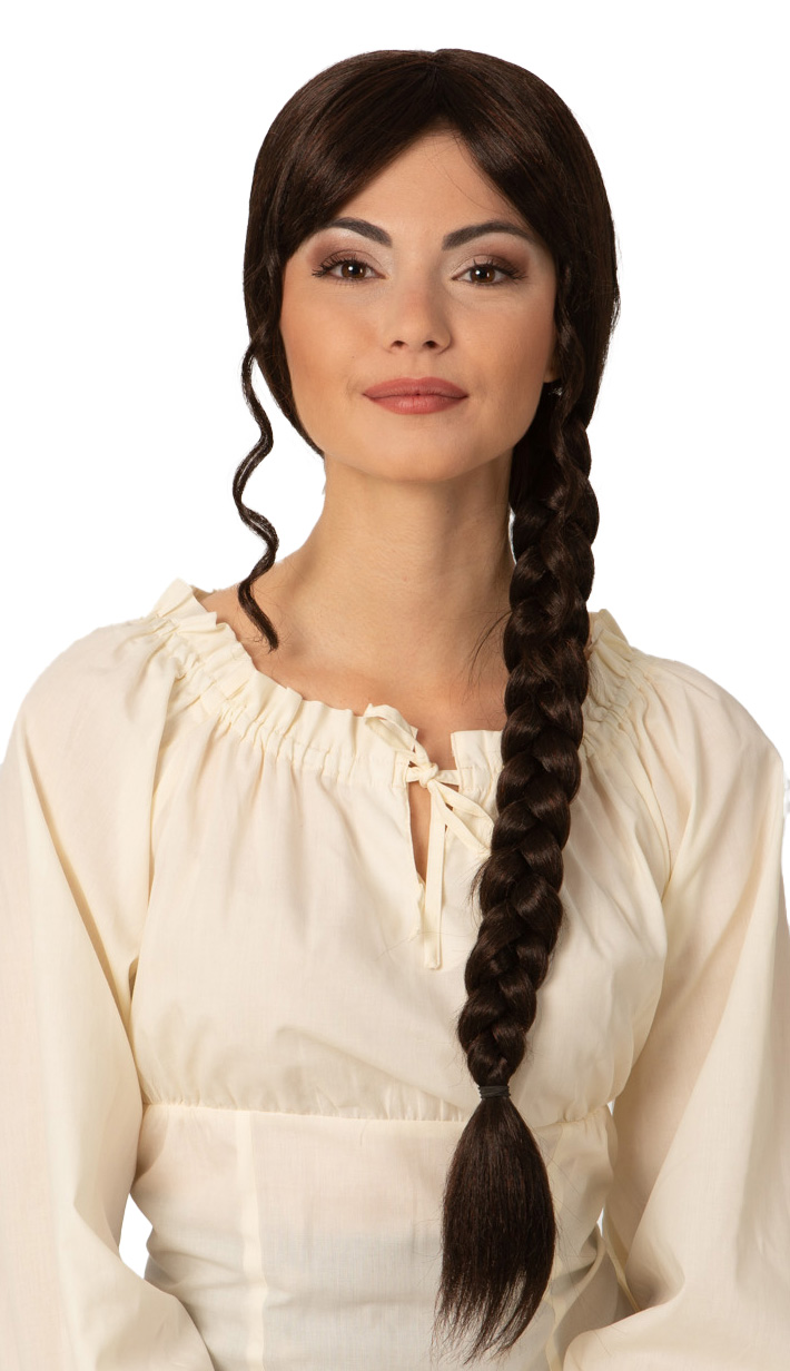 Wig with long side braid, dark brown