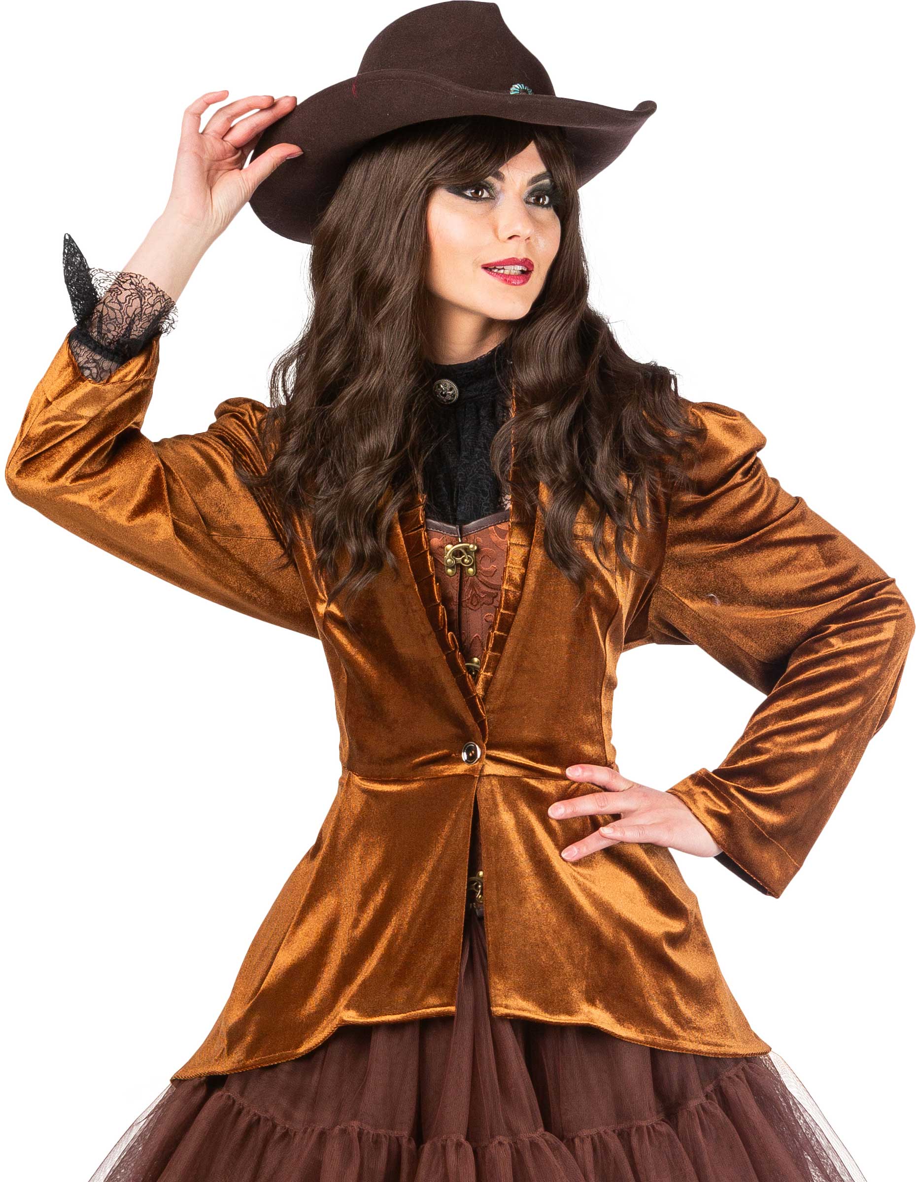 Velvet coat with a ruffled collar, light brown