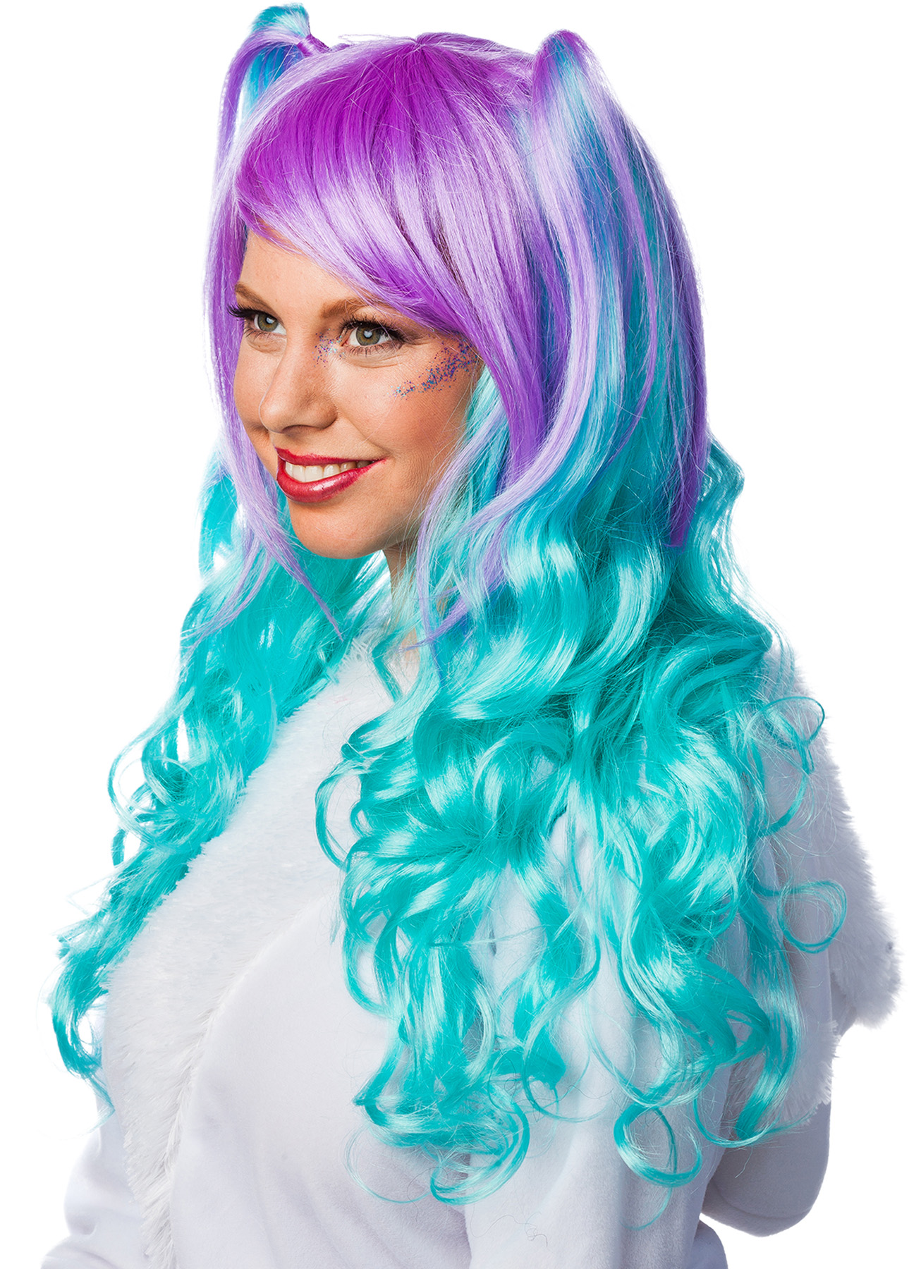 Braided manga wig, turquoise/purple