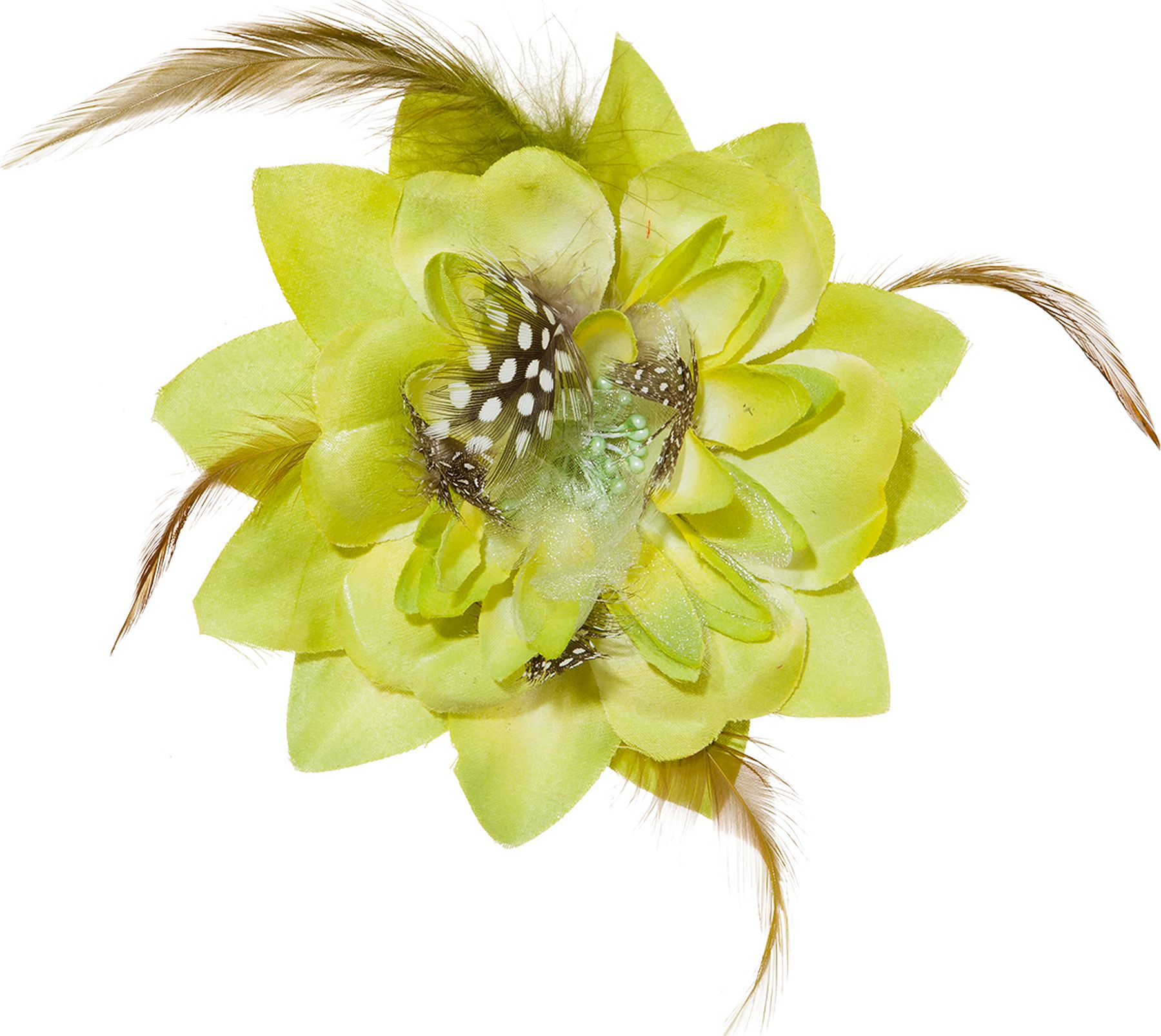 Ansteckblume, grün mit Federn 