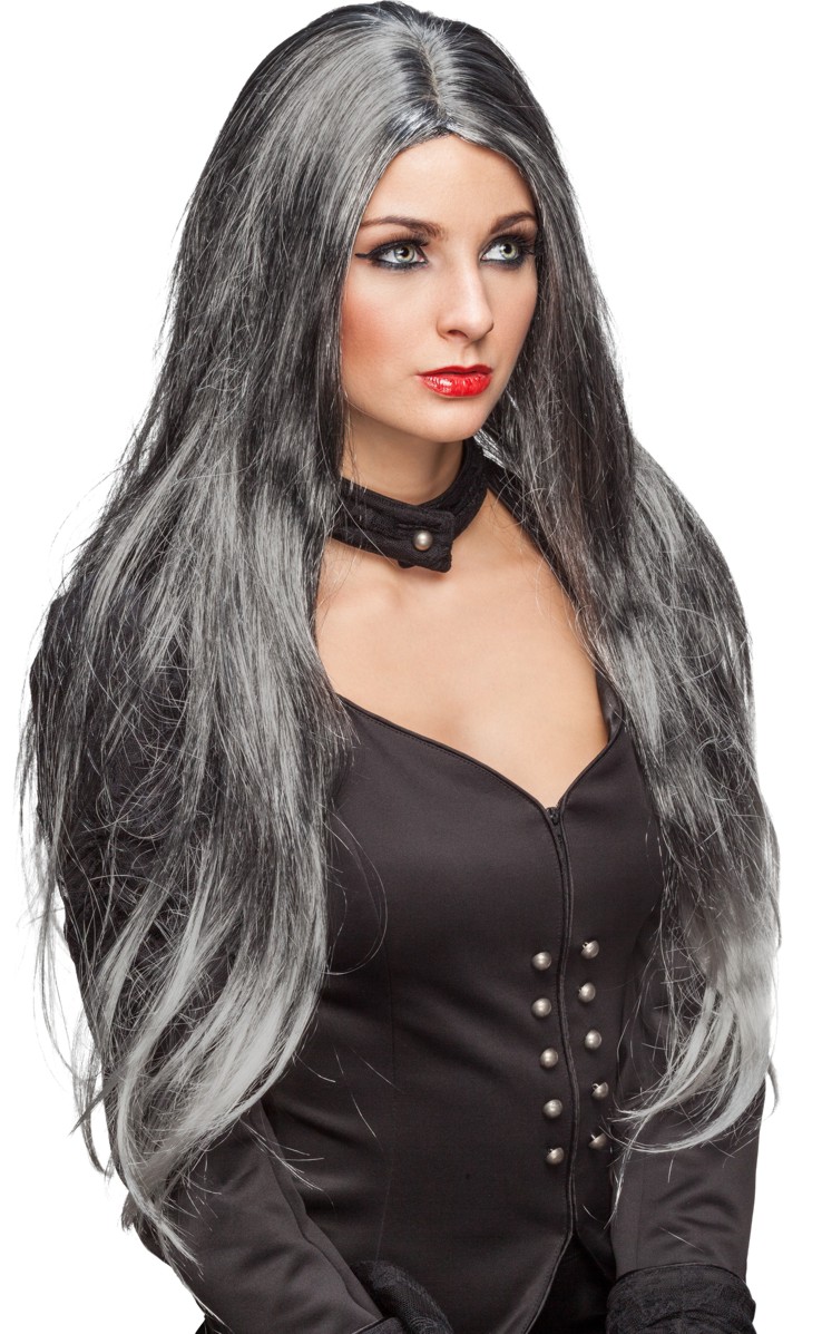 Perruque à cheveux long, grise tachetée