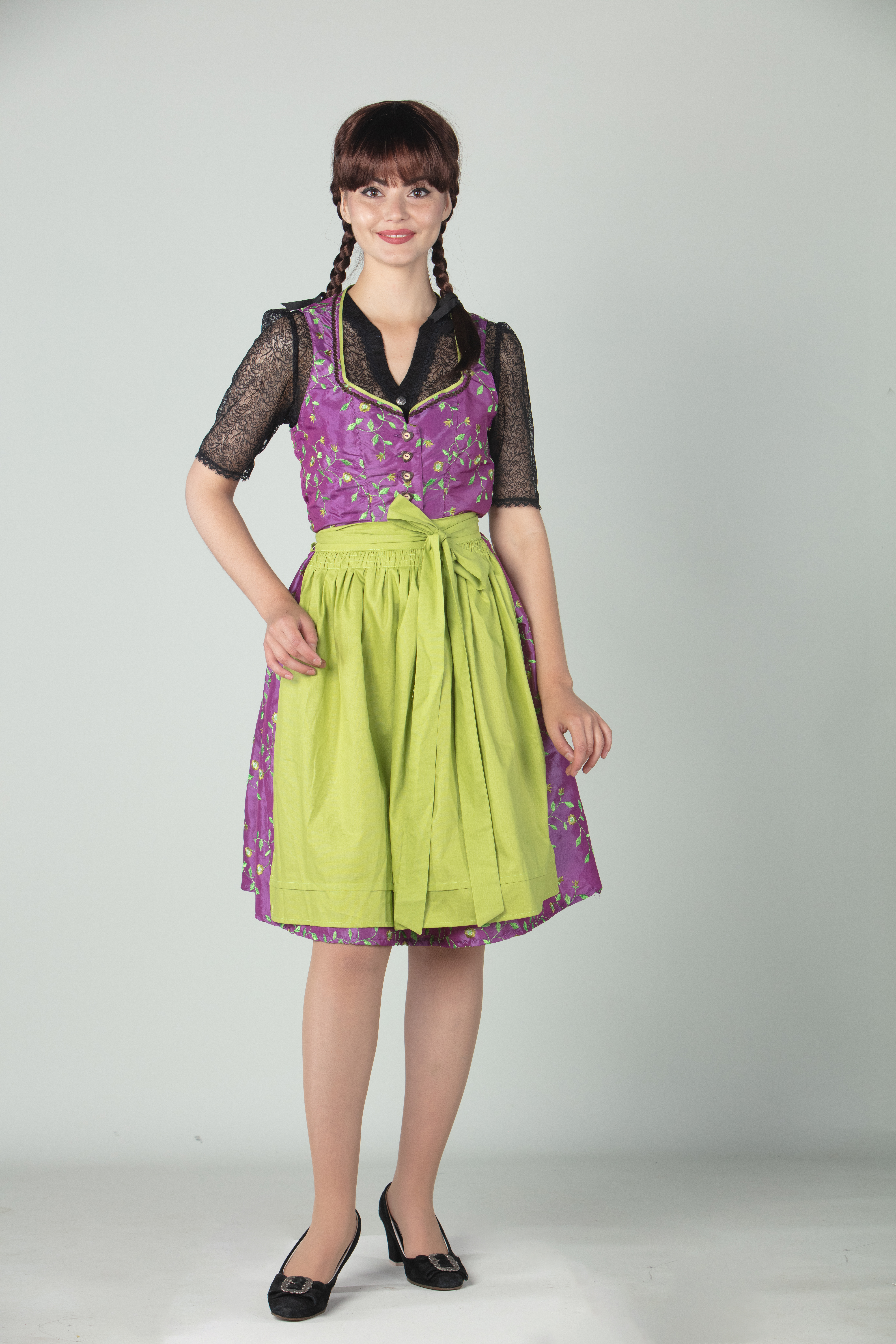 Dirndl fuchsia-limettengrün mit Schürze