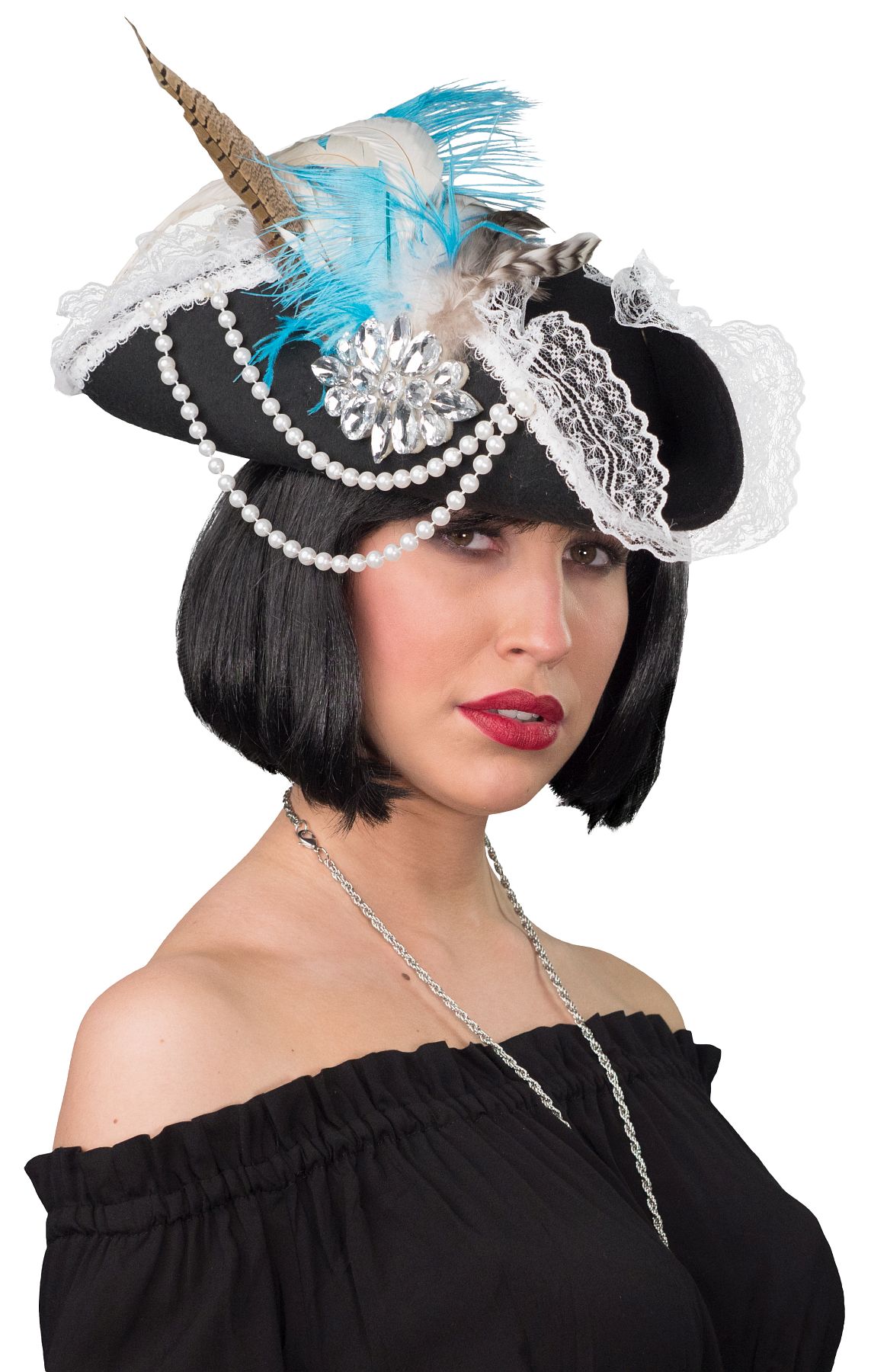 Chapeau tricorne femme pirate, noir-blanc