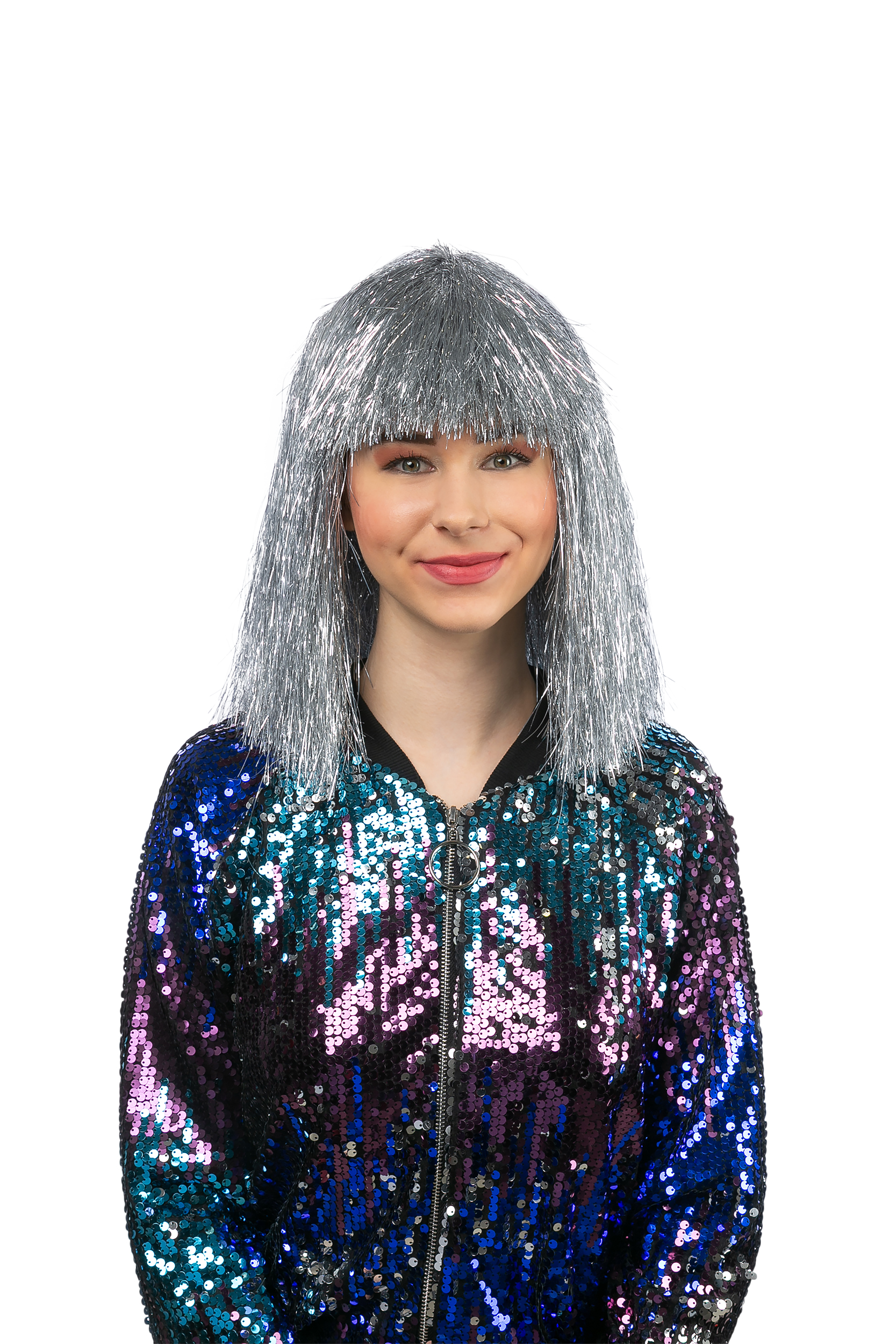 Lametta Long Bob Perücke glatt, silber 