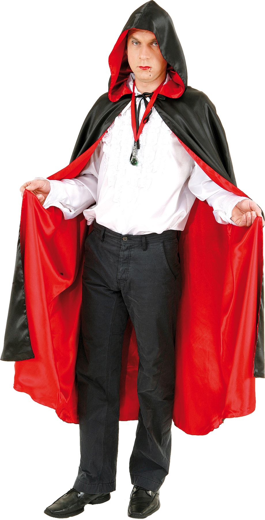 Reversible cape with hood, black/red