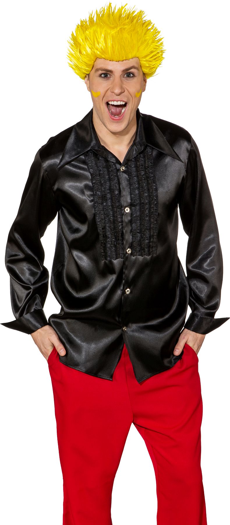 Frilled satin shirt, black