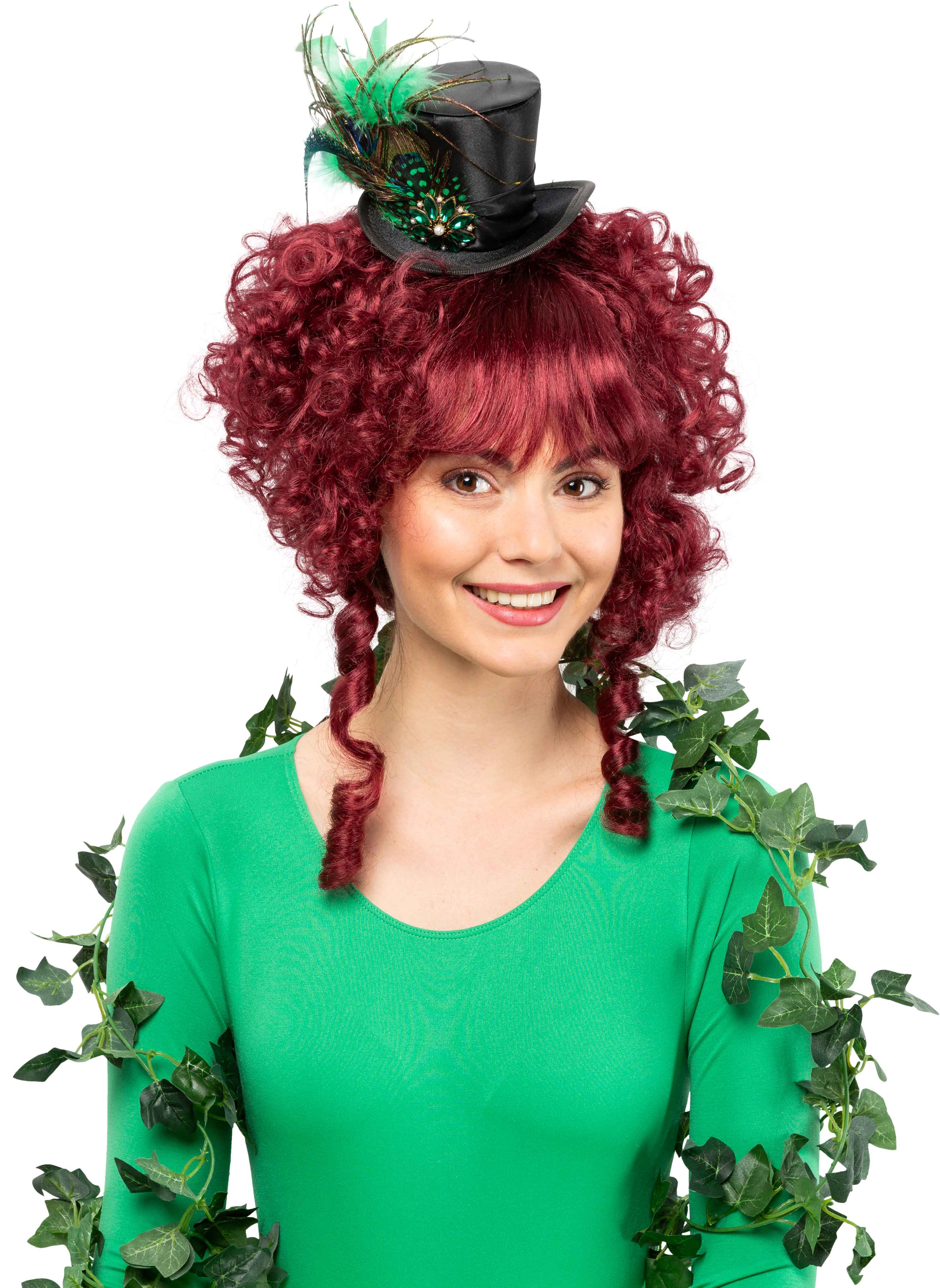Black mini hat with green feathers and embellishments