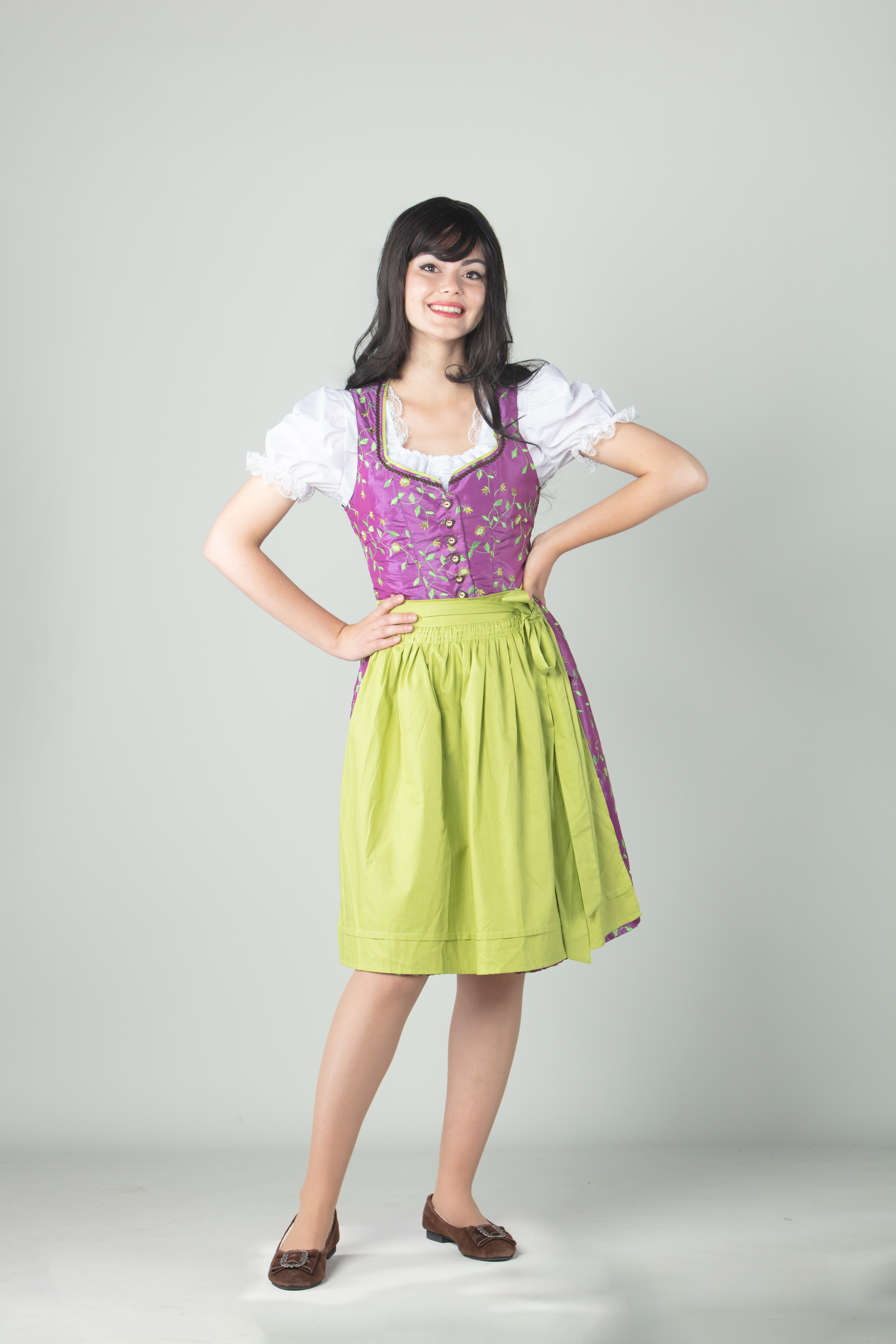 Dirndl fuchsia-limettengrün mit Schürze