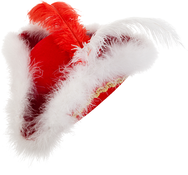 Tricorn, red with feathers and trim